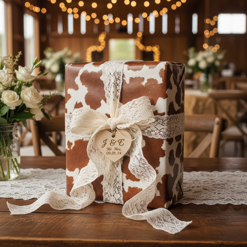 Rustic wedding gift wrapped in cow print paper with lace ribbon and personalized heart tag.
