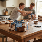 Rustic cowhide wrapping paper on gift box with denim ribbon, as people wrap presents at a kitchen table.