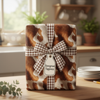 Cow print wrapping paper, tied with a brown gingham ribbon and "Homegrown Happiness" tag, sits on a kitchen table.