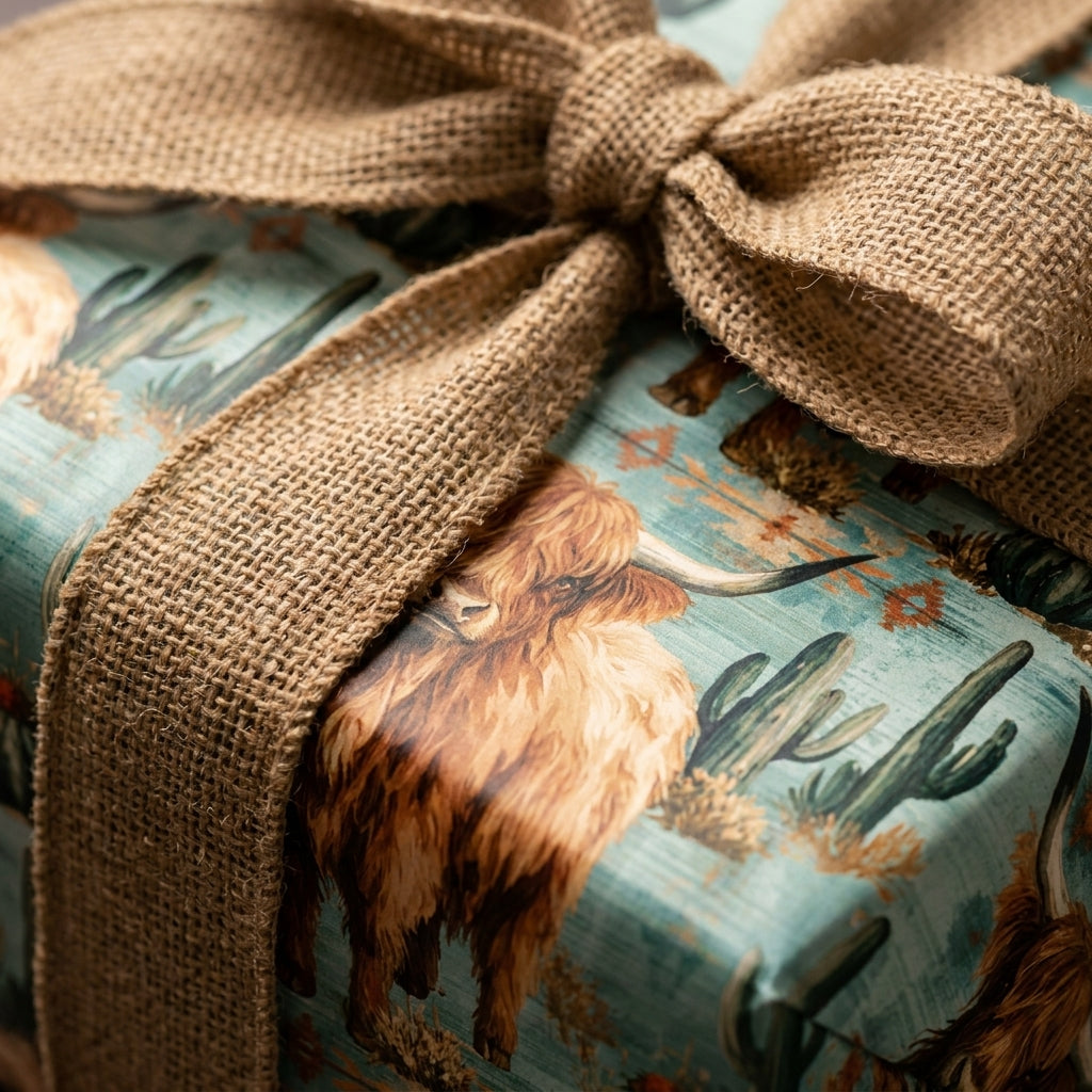 Rustic highland cow wrapping paper with cacti and a burlap bow by Wrapped Studios.
