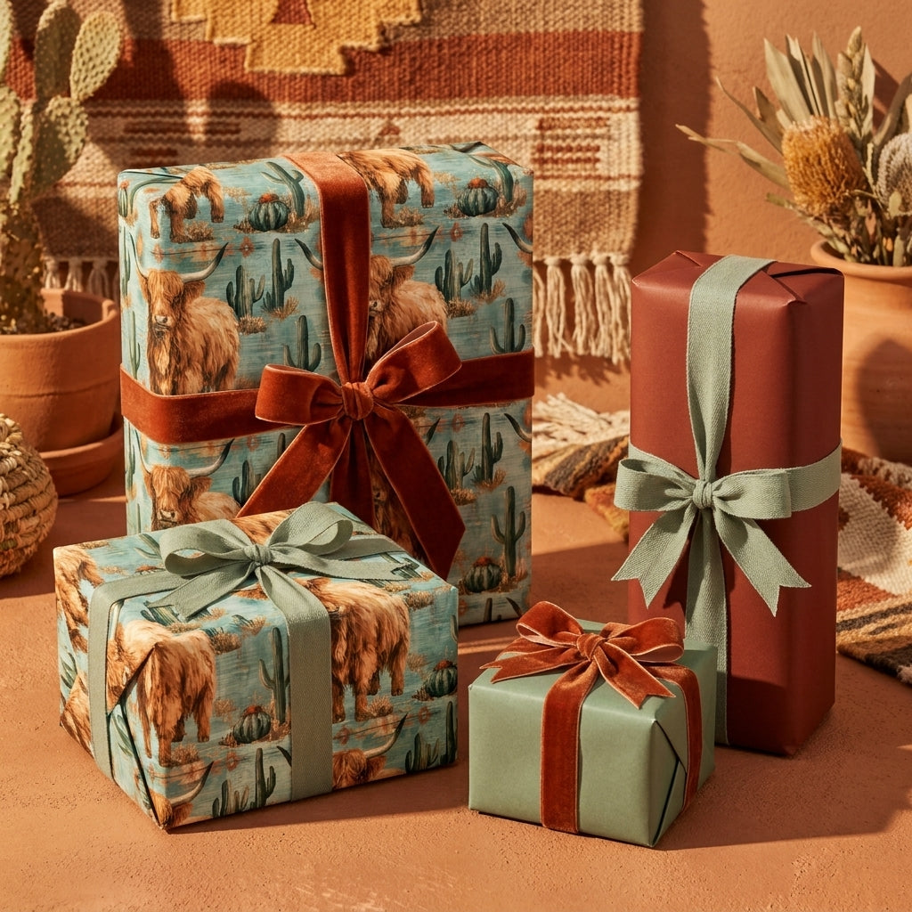 Rustic highland cow wrapping paper and western gift wrap with velvet ribbons by Wrapped Studios.