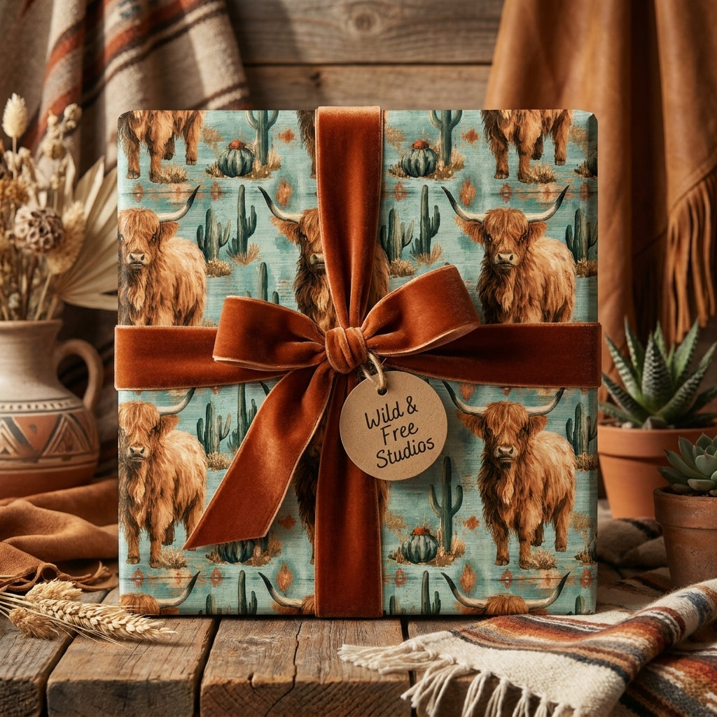 Highland cow wrapping paper with cactus pattern and rust velvet bow. Western gift wrap by Wrapped Studios.