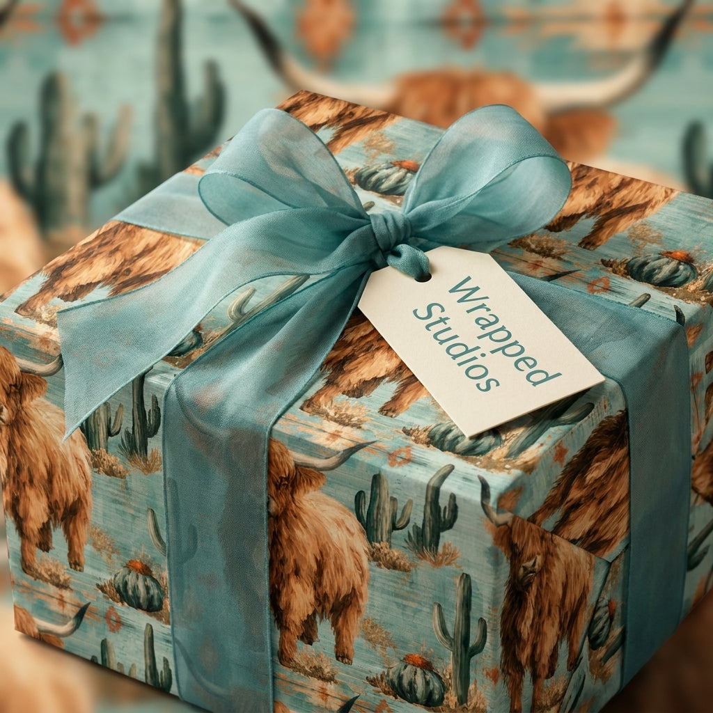 Highland cow wrapping paper in teal with cactus print, tied with a blue ribbon and Wrapped Studios tag.