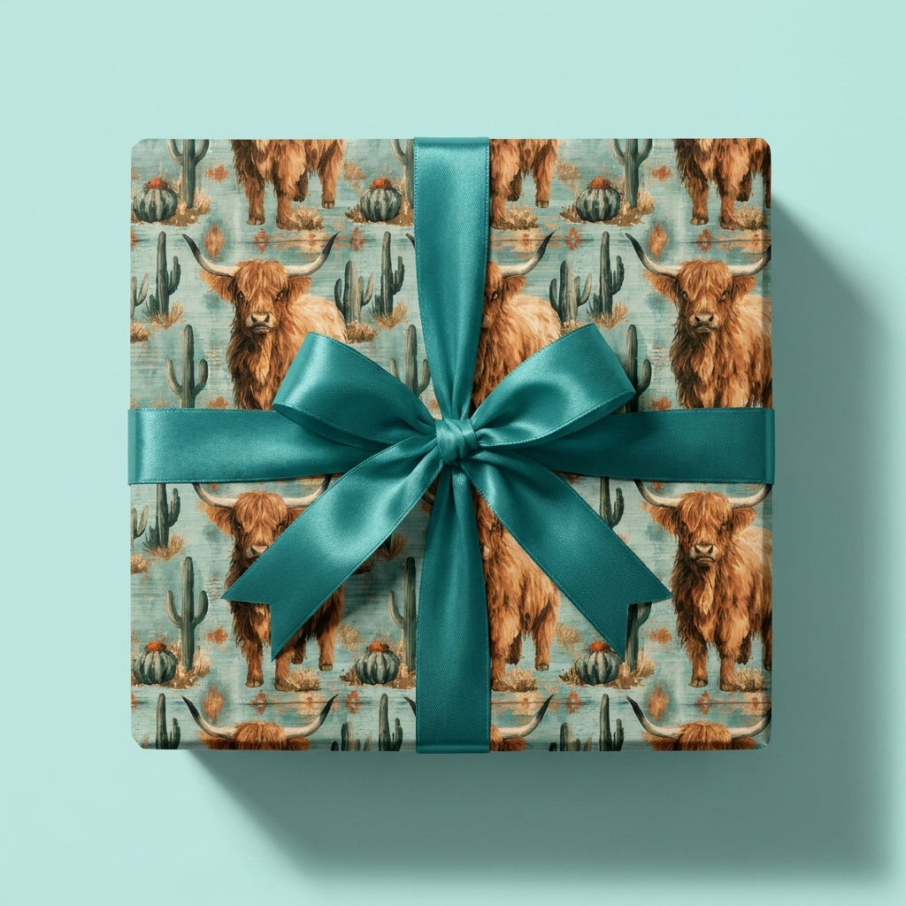 Highland cow wrapping paper with cacti and teal bow. Rustic western gift wrap by Wrapped Studios.