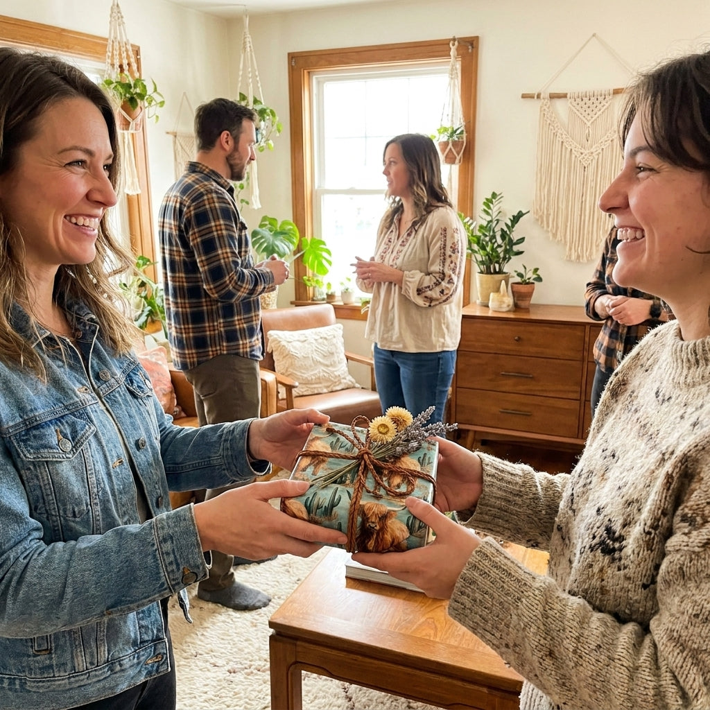 Friends exchanging a gift in rustic highland cow wrapping paper from Wrapped Studios.