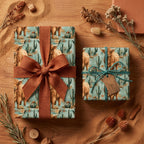 Rustic highland cow wrapping paper with cactus pattern and terracotta ribbon on gift boxes by Wrapped Studios.