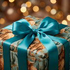 Western highland cow wrapping paper with cactus pattern and teal bow, by Wrapped Studios.