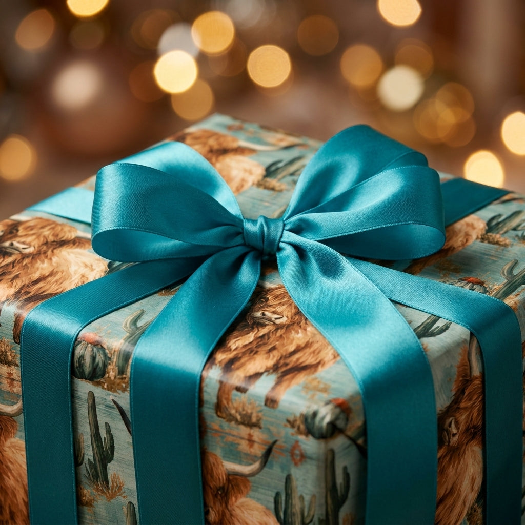 Western highland cow wrapping paper with cactus pattern and teal bow, by Wrapped Studios.