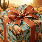 Highland cow wrapping paper with a terracotta bow in a rustic desert theme by Wrapped Studios.