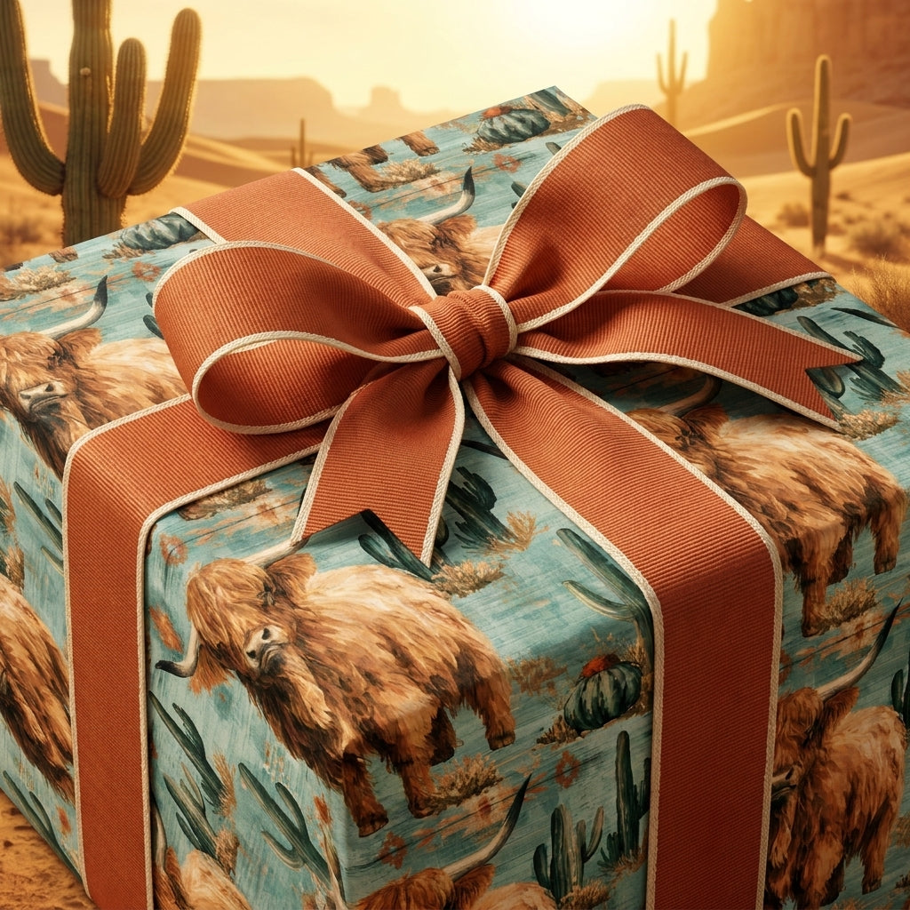 Highland cow wrapping paper with a terracotta bow in a rustic desert theme by Wrapped Studios.