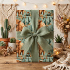 Rustic highland cow wrapping paper with a sage green ribbon by Wrapped Studios.