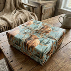 Rustic highland cow wrapping paper with western cactus print, tied with twine by Wrapped Studios.