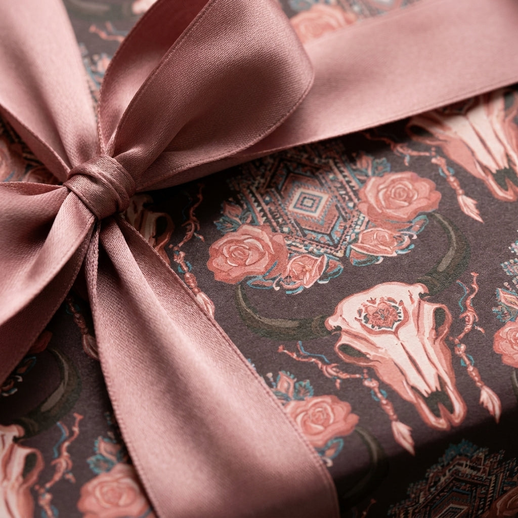 Boho skull wrapping paper with roses and a dusty rose satin bow, rustic gift wrap by Wrapped Studios.
