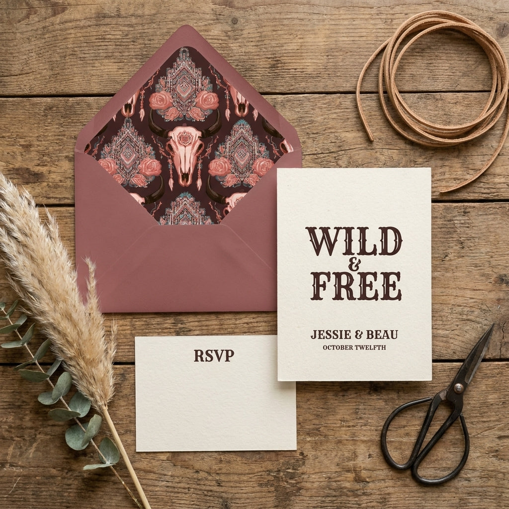 Boho western wedding invitation suite with bull skull envelope liner by Wrapped Studios on rustic wood.