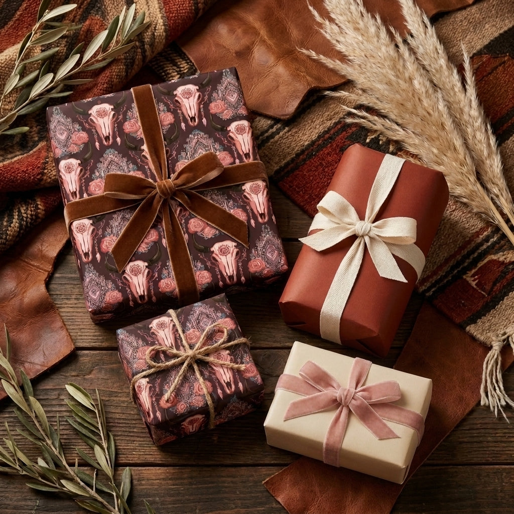 Western wrapping paper with boho steer skulls and velvet ribbons on gift boxes by Wrapped Studios.