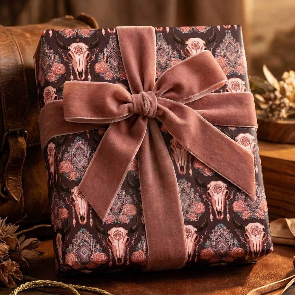 Boho western gift wrap with bull skulls and roses, tied with a pink velvet bow by Wrapped Studios.