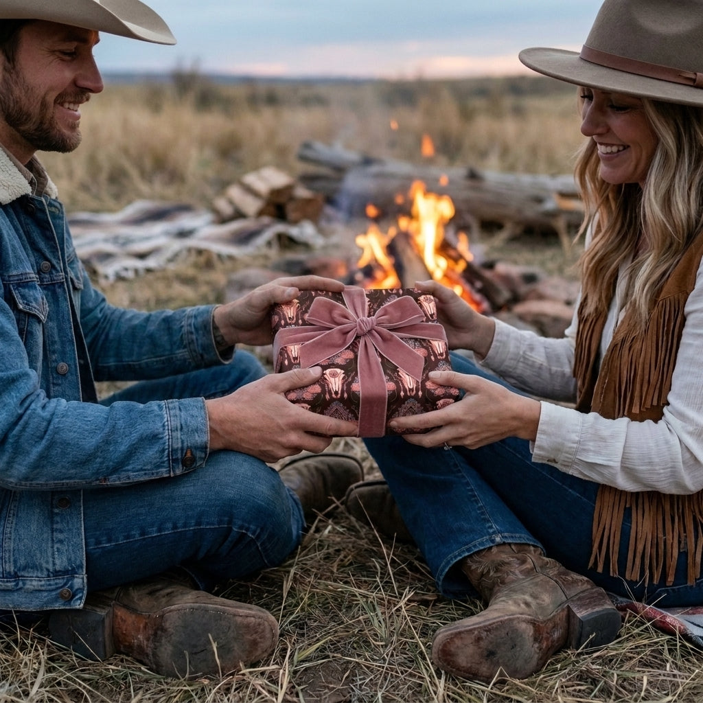 Couple exchanging a gift in western steer skull wrapping paper with velvet ribbon. By Wrapped Studios.