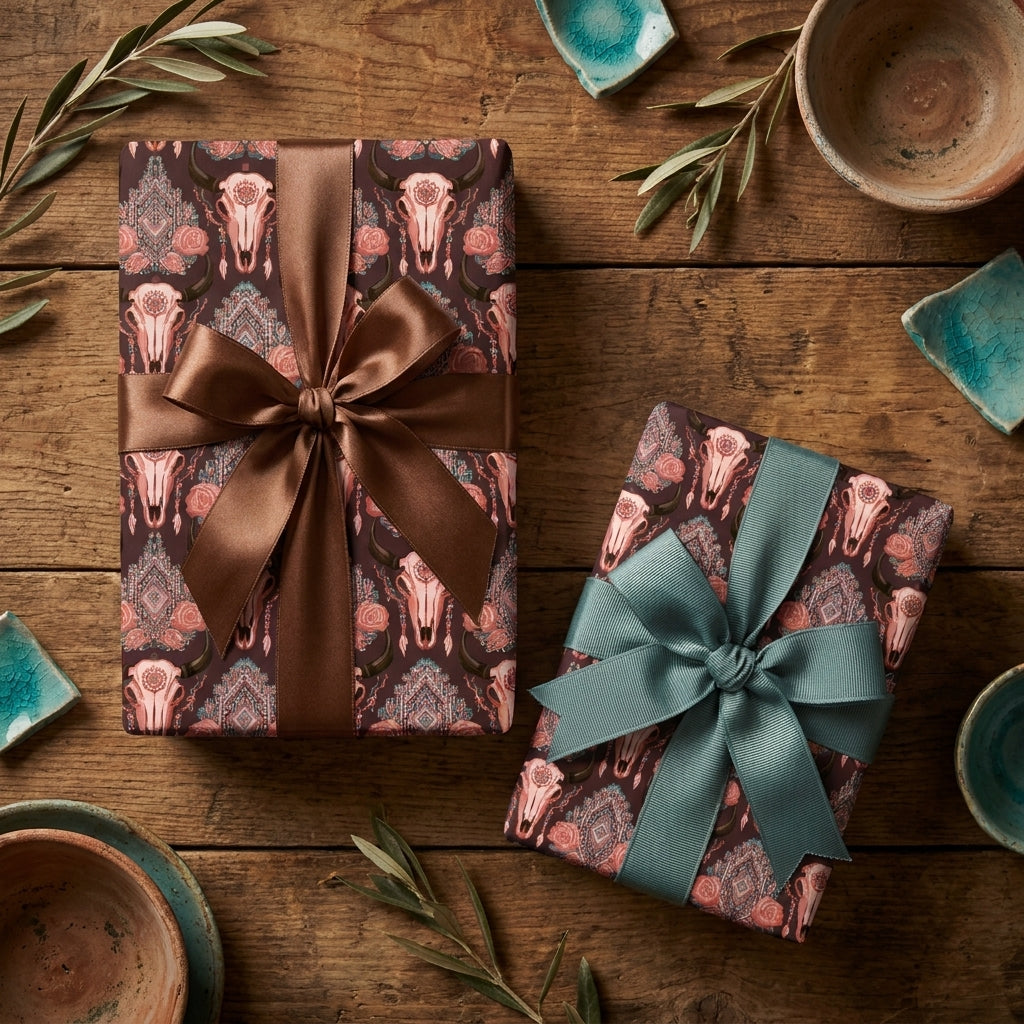 Rustic boho steer skull gift wrap with satin ribbons on a wood background by Wrapped Studios.