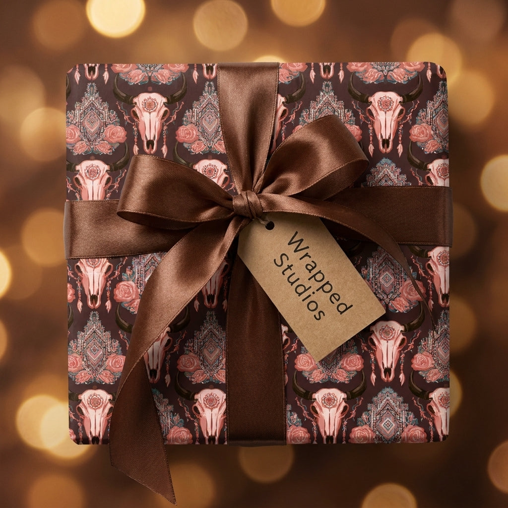 Boho western wrapping paper with cow skulls and roses, tied with a brown satin bow by Wrapped Studios.