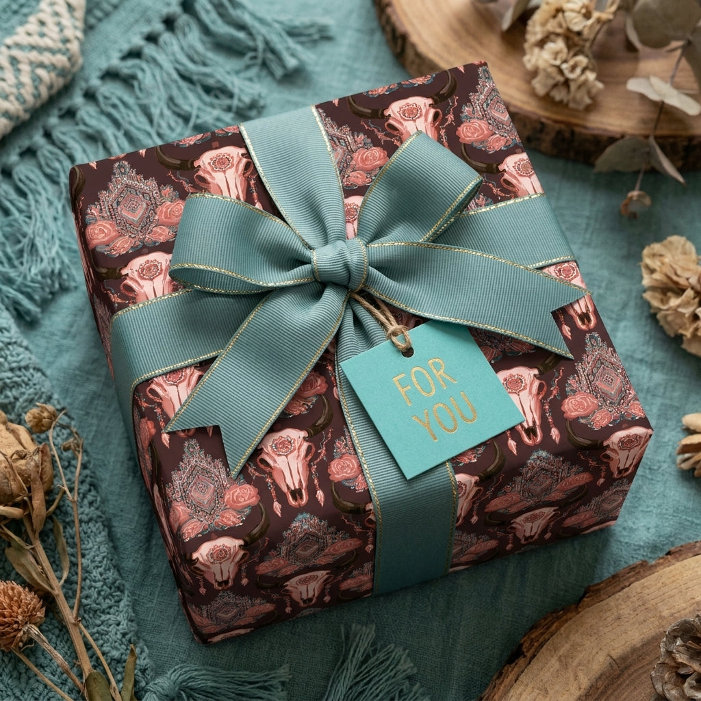 Rustic boho steer skull wrapping paper with a teal ribbon and gift tag by Wrapped Studios.