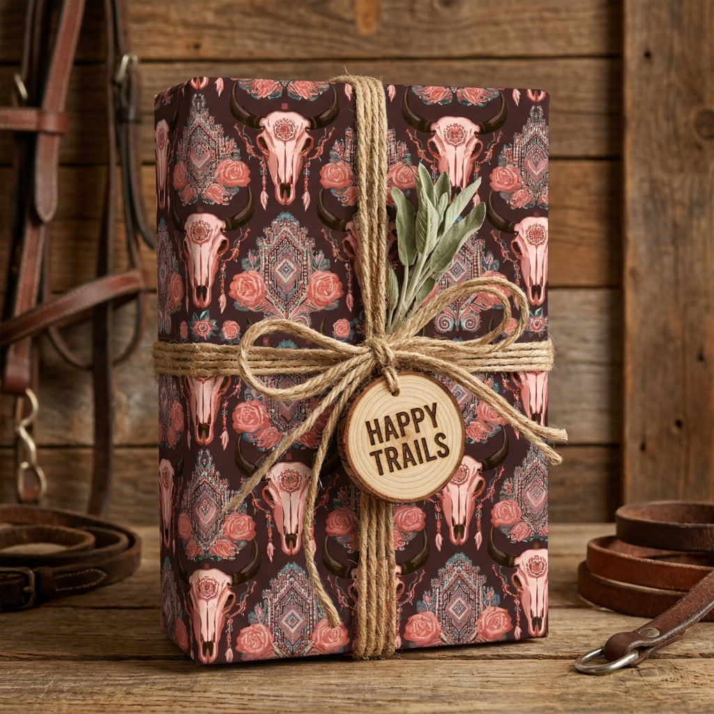 Rustic western wrapping paper with boho cow skulls, roses, and twine bow by Wrapped Studios.