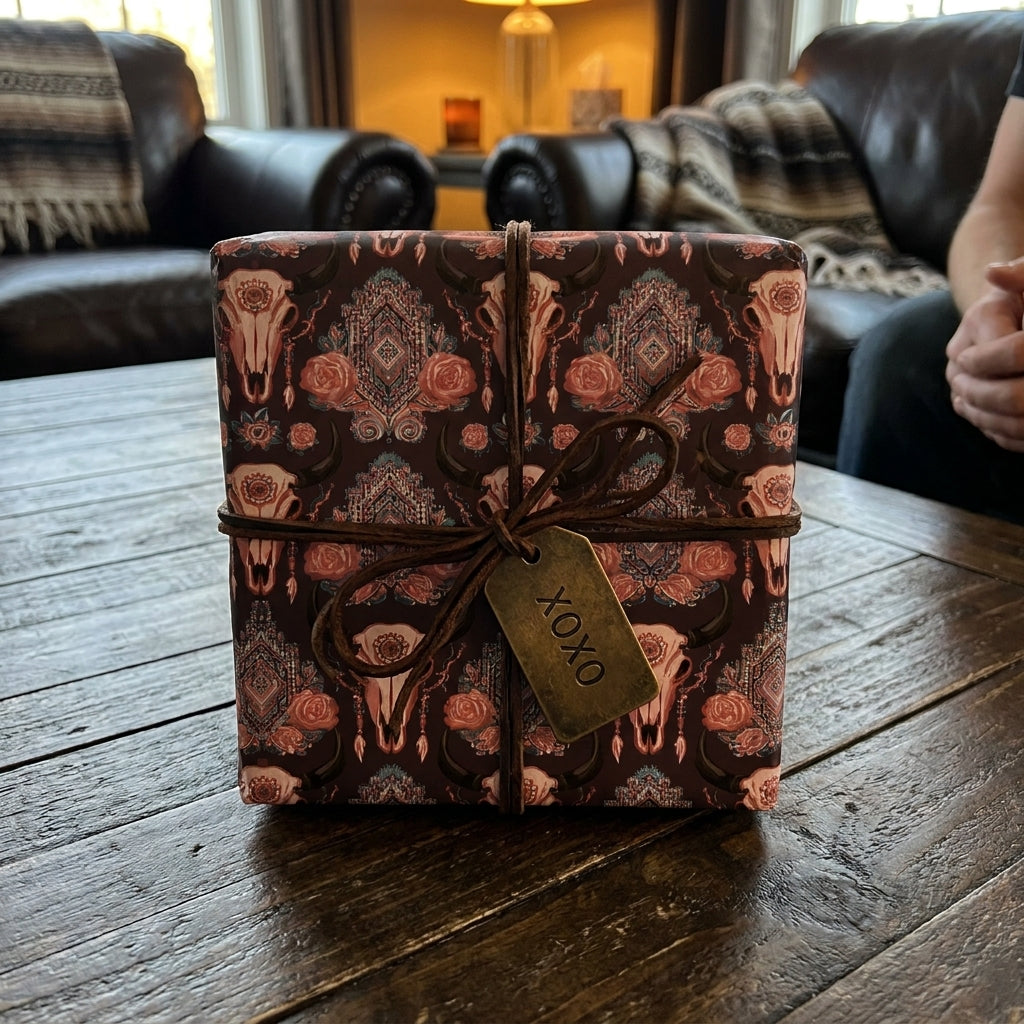 Boho western wrapping paper with bull skulls and roses, tied with a leather cord by Wrapped Studios.