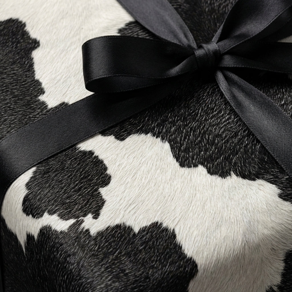 Black and white cow print wrapping paper with a satin ribbon bow on a wrapped gift.