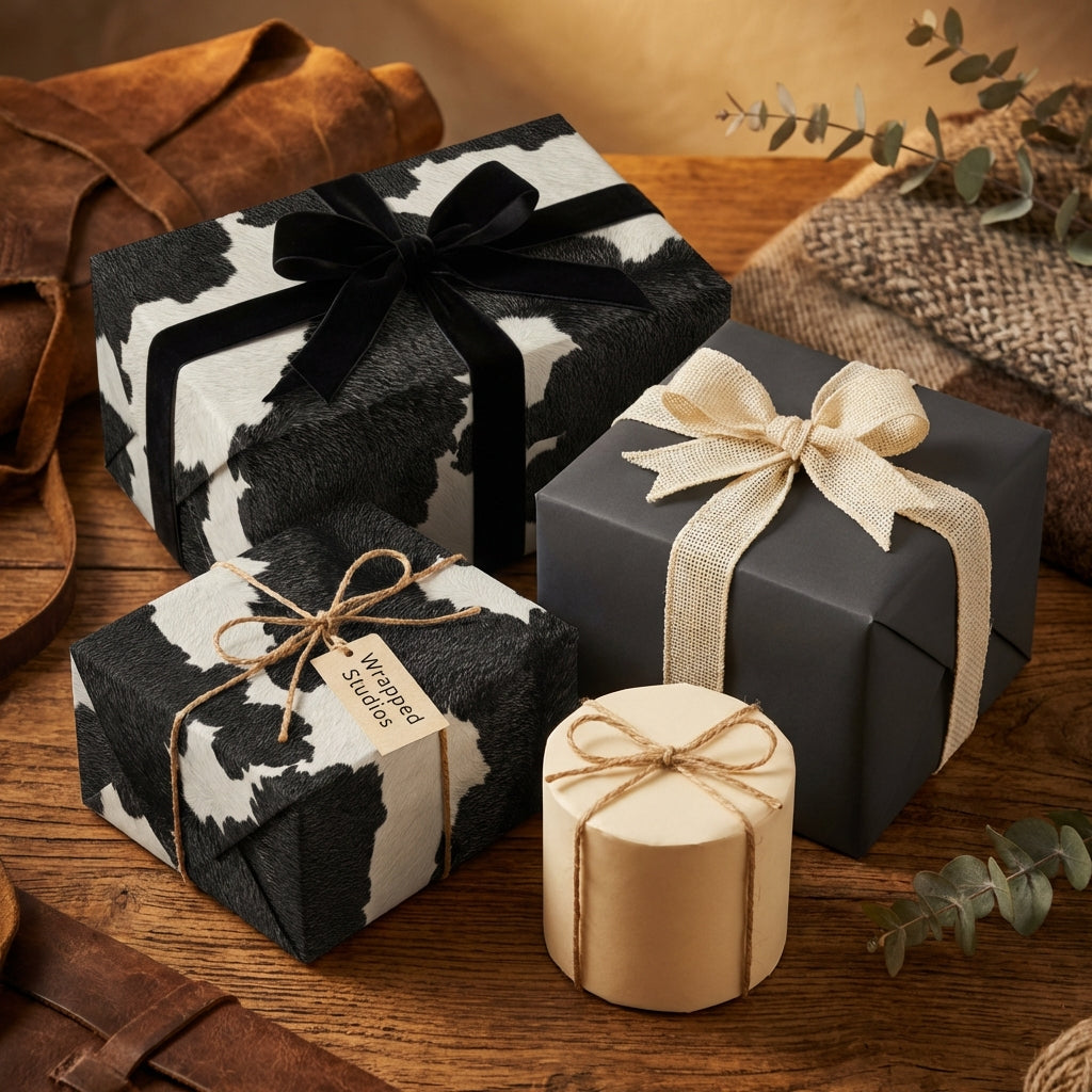 Luxury gift wrap: Black and white cow print wrapping paper with velvet and burlap ribbon on wood table.