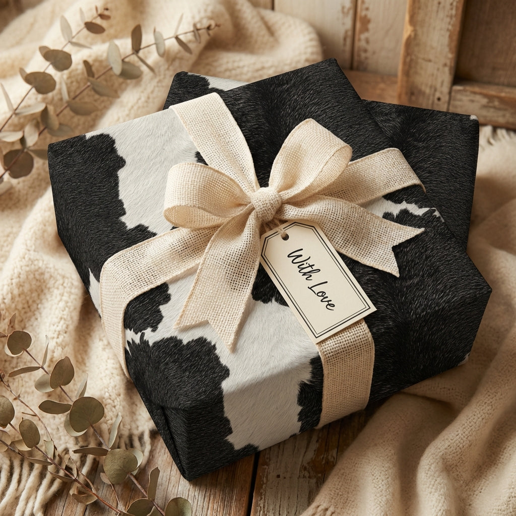 Rustic black and white cow print wrapping paper with a burlap ribbon and "With Love" tag.