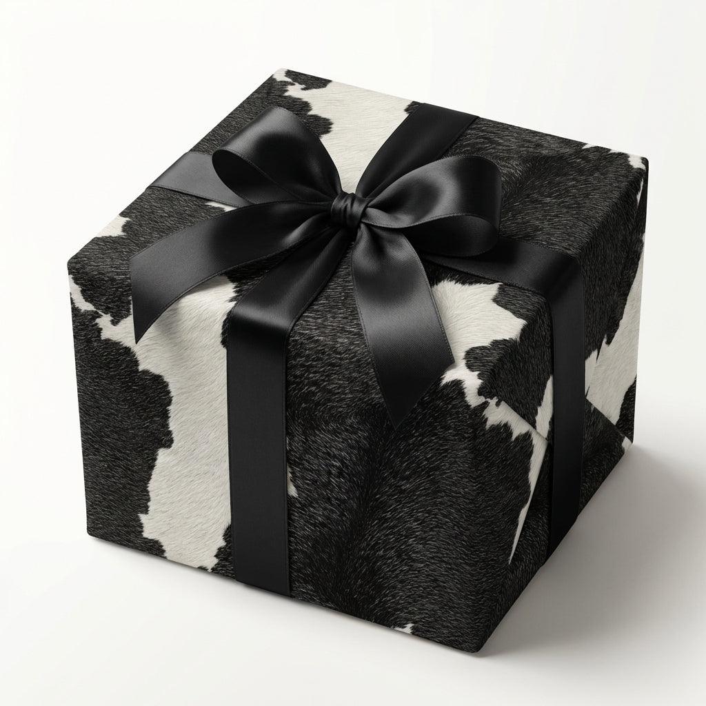 Cow print wrapping paper with black satin ribbon on a square gift box.