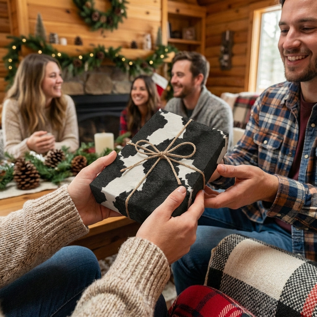 Exchanging a gift wrapped in black and white cow print wrapping paper tied with a twine bow at a holiday gathering.