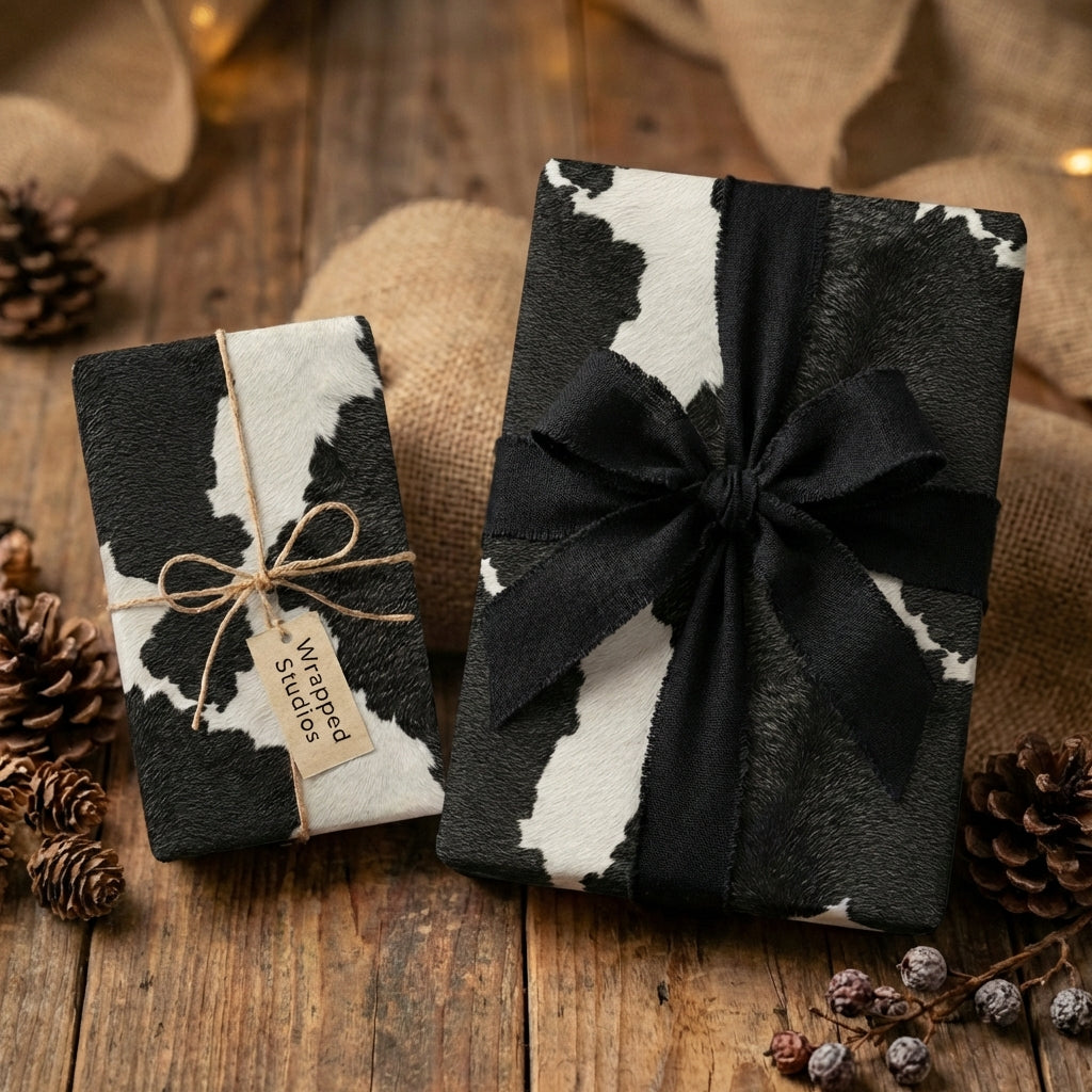 Rustic gifts wrapped in black and white cow print wrapping paper with twine and black ribbon on wood table.