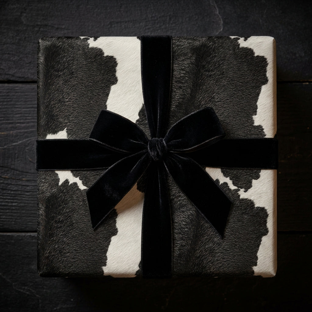 Square gift wrapped in cow print wrapping paper with a black velvet ribbon and bow.