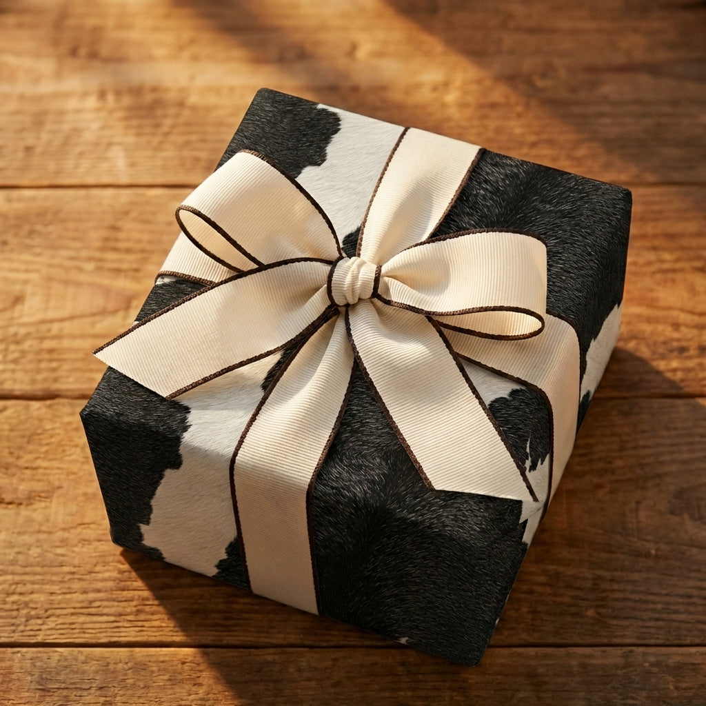 Square gift wrapped in cow print wrapping paper with a beige bow on wood.