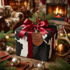 Rustic "Merry Christmas, Cowboy" gift wrapped in black and white cowhide paper with a red satin ribbon.