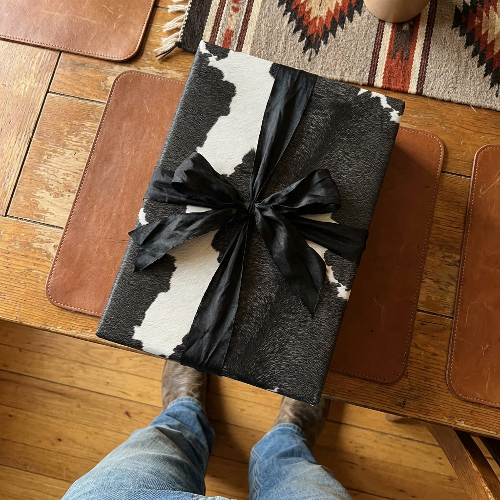 Unique cow print wrapping paper with a black ribbon on a rectangular gift box.