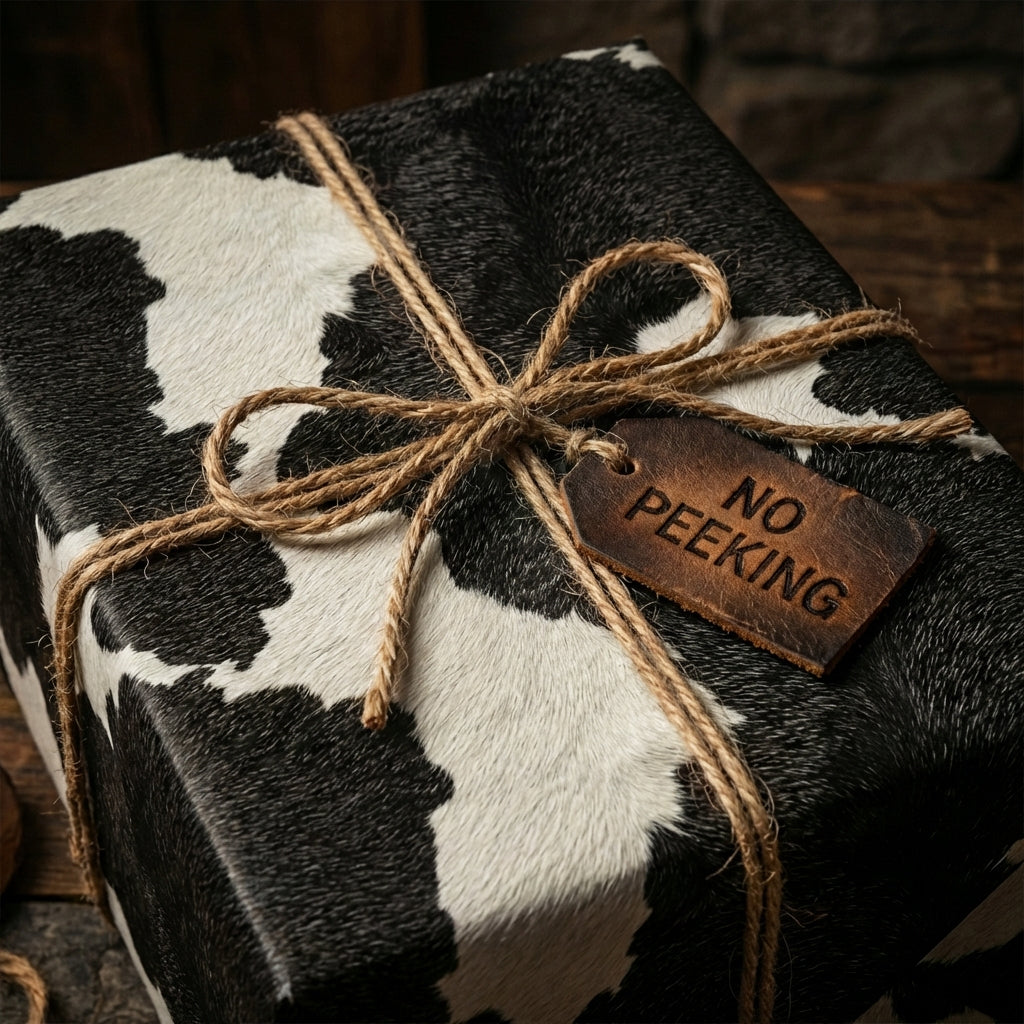 Black and white cow print wrapping paper with rustic twine ribbon and "No Peeking" tag.
