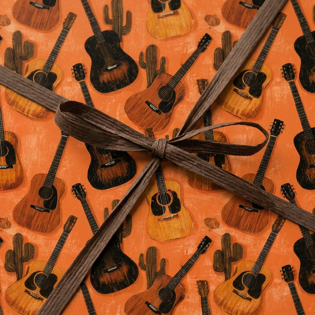 Acoustic guitar wrapping paper with a cactus pattern and brown ribbon, by Wrapped Studios.