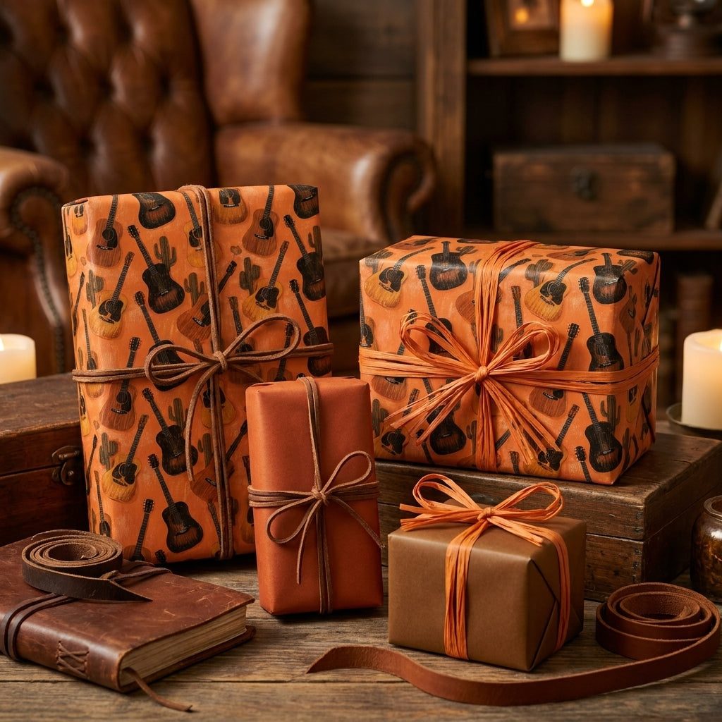 Country acoustic guitar wrapping paper on rustic gift boxes with leather ties by Wrapped Studios.