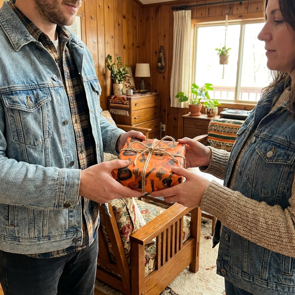 Couple exchanging a gift in acoustic guitar wrapping paper with twine ribbon, by Wrapped Studios.