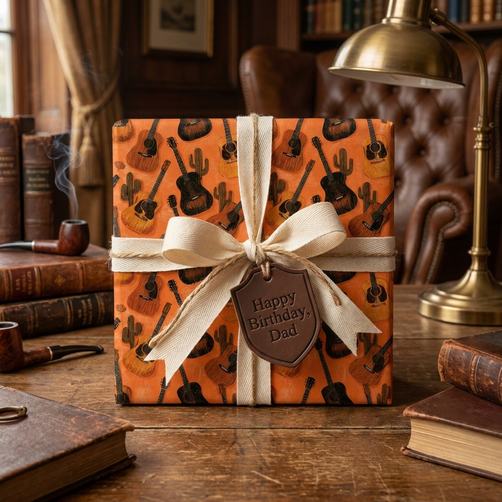 Rustic guitar wrapping paper on a birthday gift for dad with cream ribbon, by Wrapped Studios.