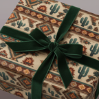 Cactus print wrapping paper with green velvet ribbon; rustic gift wrap for southwestern celebrations.