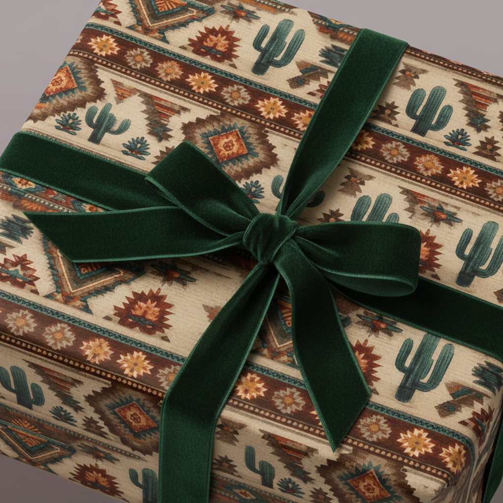 Cactus print wrapping paper with green velvet ribbon; rustic gift wrap for southwestern celebrations.