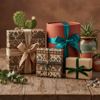 Rustic gift wrap featuring southwest patterns and earthy tones with burlap and velvet ribbons on wooden table.