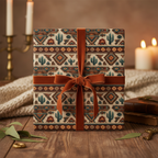 Rustic gift wrap with Southwestern cactus pattern and burnt orange velvet ribbon for a warm, stylish present.