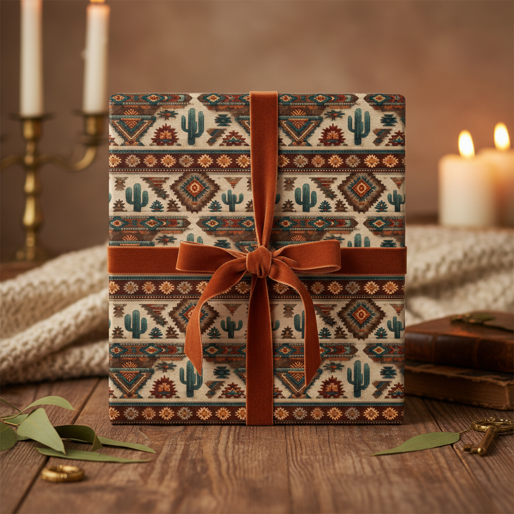 Rustic gift wrap with Southwestern cactus pattern and burnt orange velvet ribbon for a warm, stylish present.