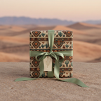 Gift wrapped in southwestern wrapping paper with a cactus ribbon, set in a desert landscape.