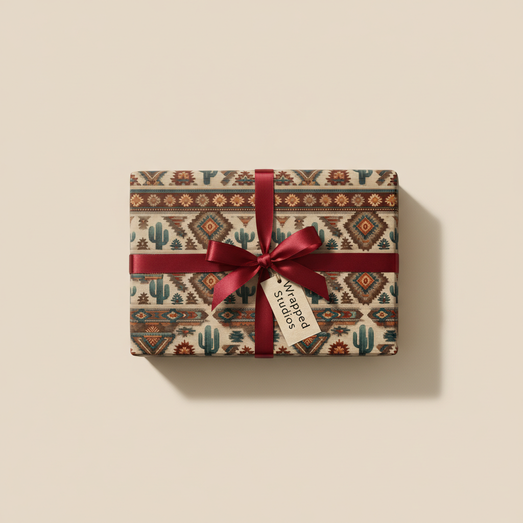 Rustic wrapping paper featuring a Southwest desert print, tied with a burgundy ribbon, for birthday gifts or special occasions.