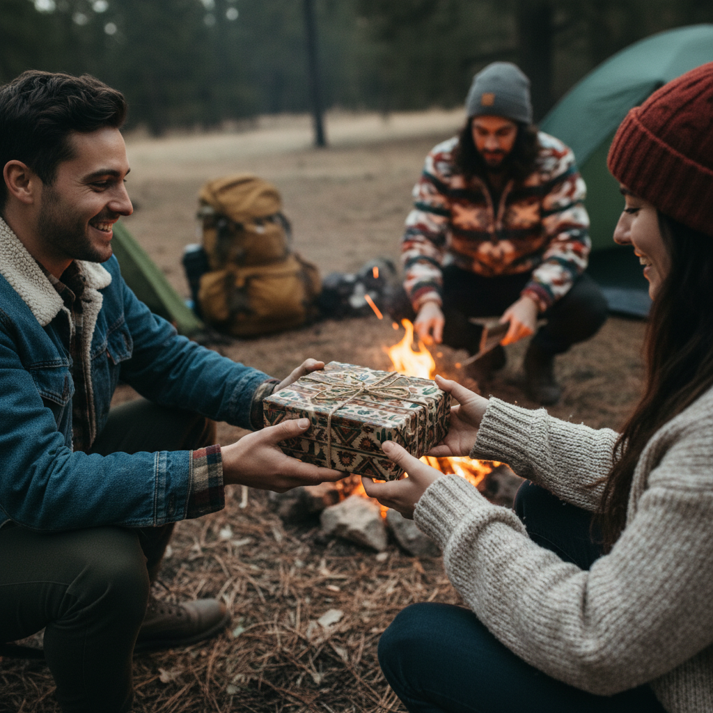 Friends exchanging a birthday present wrapped in rustic-style gift wrap by a campfire.