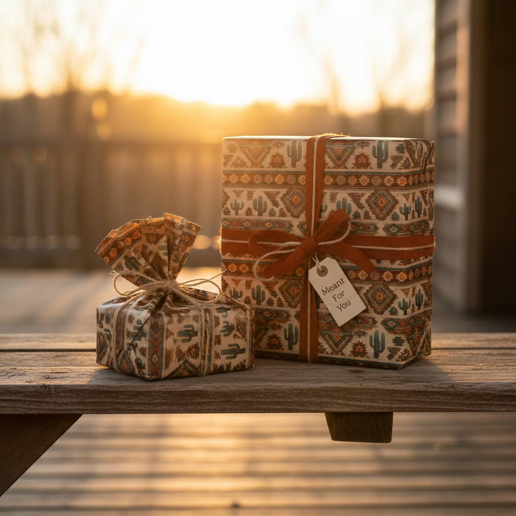 Two gifts wrapped in Southwest-style wrapping paper with brown ribbon & twine on a wooden bench.